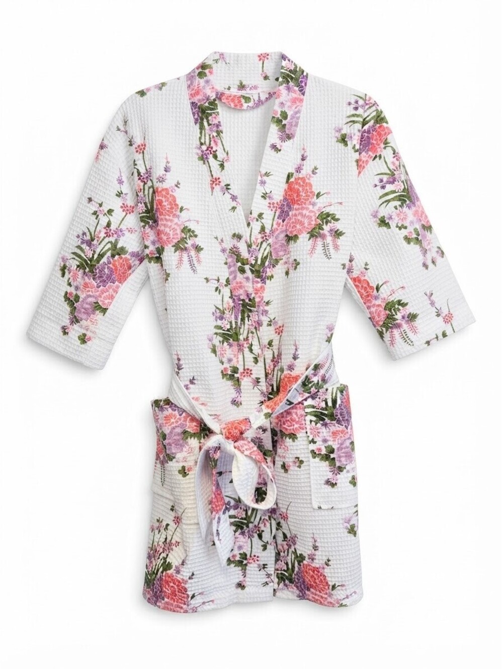 Turquaz Floral Waffle Knit Short Robe S/M Pink Purple Spa Lounge Kimono